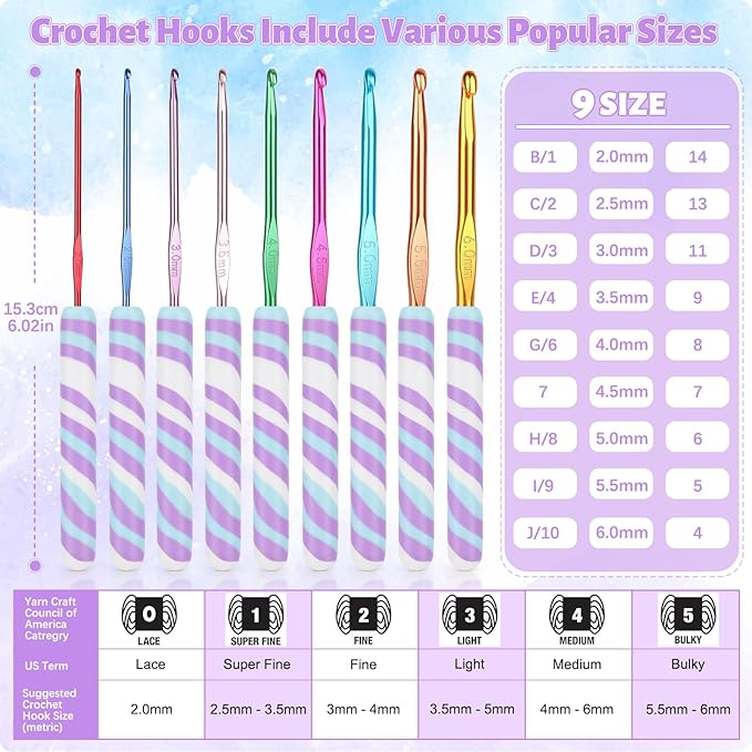 Coopay Warm Crochet Hooks Comfort Grip, Short Purple Ripple Art Handle for Beginners, Longer Aluminum Shaft Crochet Hook Set 2.0mm-6.0mm(B-J), Smooth Needles Set for Crocheting