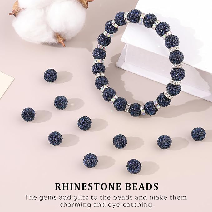 120pcs 10mm rhinestone beads for jewelry making, blue black shiny round shamballa disco ball beads bulk, sparkle crystal clay christmas for bracelet baseball necklace earring crafting and diy