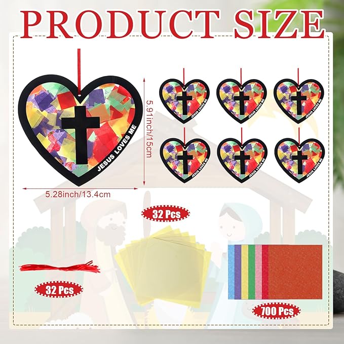 Motipuns 32 Sets Easter Christian Ornaments Craft Kit, Religious DIY Heart Suncatchers Gift Stained Glass Effect with Tissue Paper Window Art for Sunday School Church VBS Decor