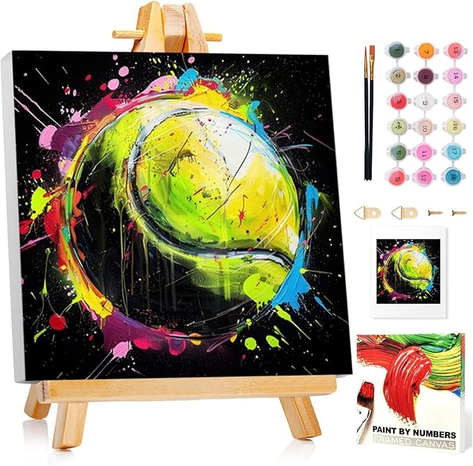 Paint by Numbers Kit for Kids with Frame, Tennis Paint by Numbers for Kids Ages 4-8-12, DIY Tennis Acrylic Oil Painting for Home Wall Art Decor Gift 7.8x7.8 inch (with Frame Easel)