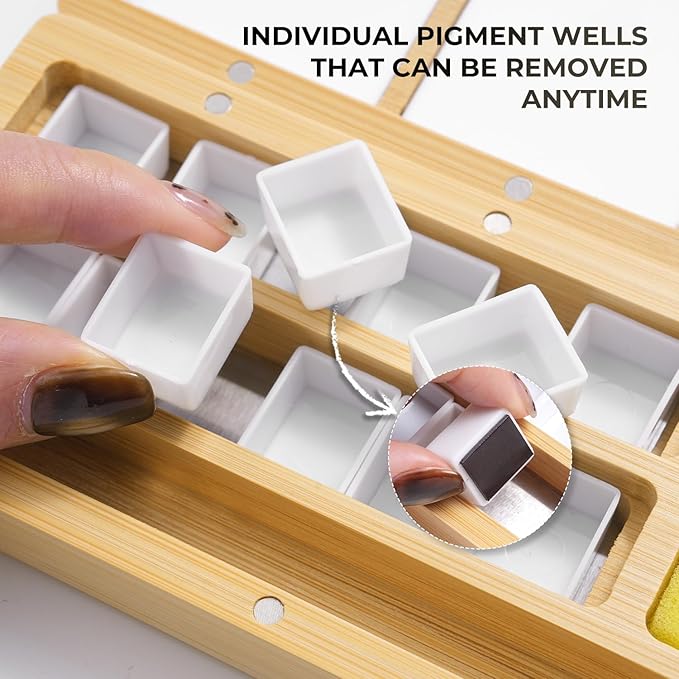 Fuumuui Watercolor Palette Box, Burlywood Palette Kit with Cover, 24 Empty Removable Half-pan Grids, Dual Tip Travel Brushes, for Watercolor Gouache Color Mixing, Pure White Palette for Painting