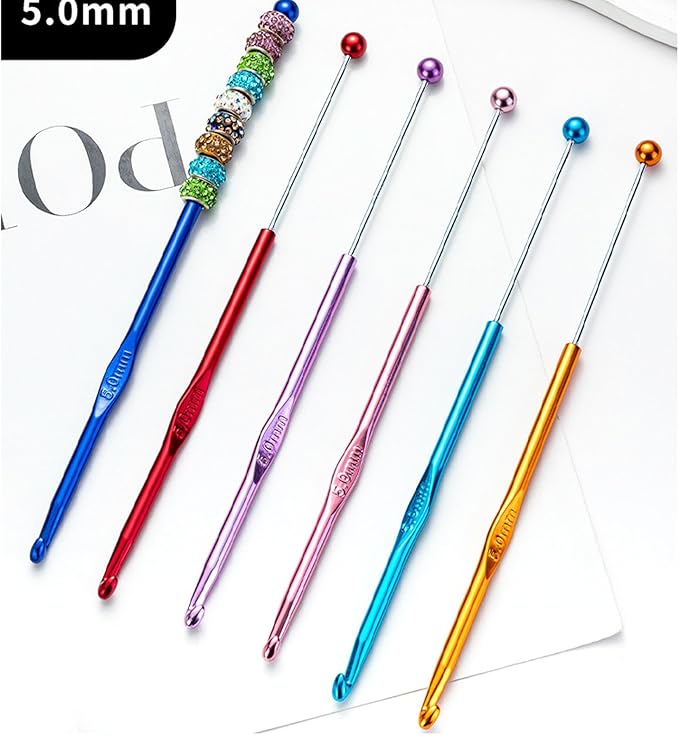 6 Pack DIY Beadable Crochet Hooks Knitting Needles Set Aluminum Handle for Focal Beads Colors (Blue Purple Red Orange Pink Light Blue, 5 mm)