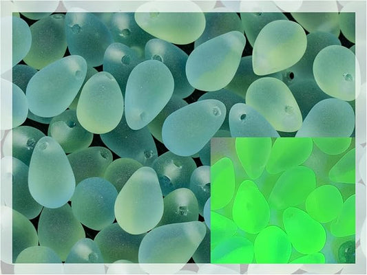 Czech 50-Piece Glass Beads, 6x9mm, Teardrop Glow Under Blacklight Transparent Blue Green Matte
