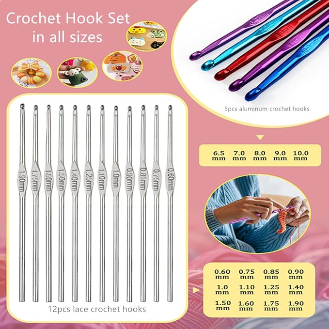 blingcute ergonomic crochet hook set with case, 82 pcs crochet starter kit (0.6–10mm), aluminum hooks with soft grip, complete crochet set for beginners & chunky yarn