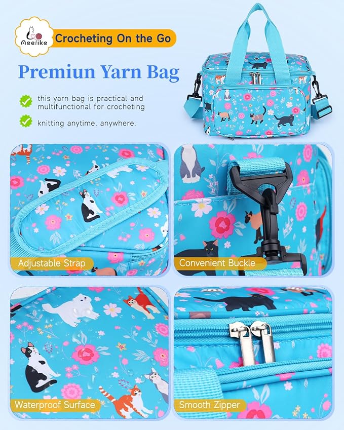 Aeelike Yarn Storage Organizer Travel Crochet Bag, Large Capacity Tote Bags Knitting Bag for Carrying Projects, Knitting Needles,Crochet Hooks and Yarn, Blue Cat Flower