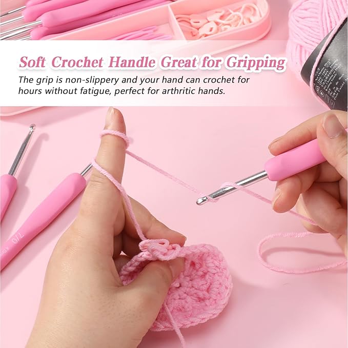 9 Size (2.0mm-6.0mm) Pink Ergonomic Crochet Hooks Set Case Crochet Needles with Soft Comfort-Grip Handles for Beginners Arthritic Seniors Hands