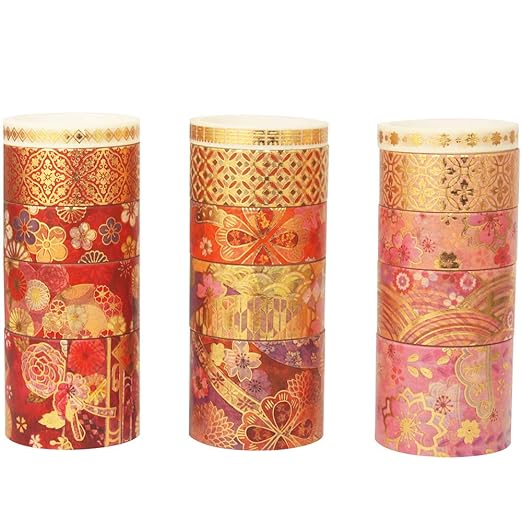 YUBBAEX Splendid Gold Washi Tape Set Embroidery Pattern Foil Decorative Tapes for Arts, DIY Crafts, Journal Supplies, Planners, Scrapbook, Gift Wrapping 15 Rolls (Fierce Flowers)