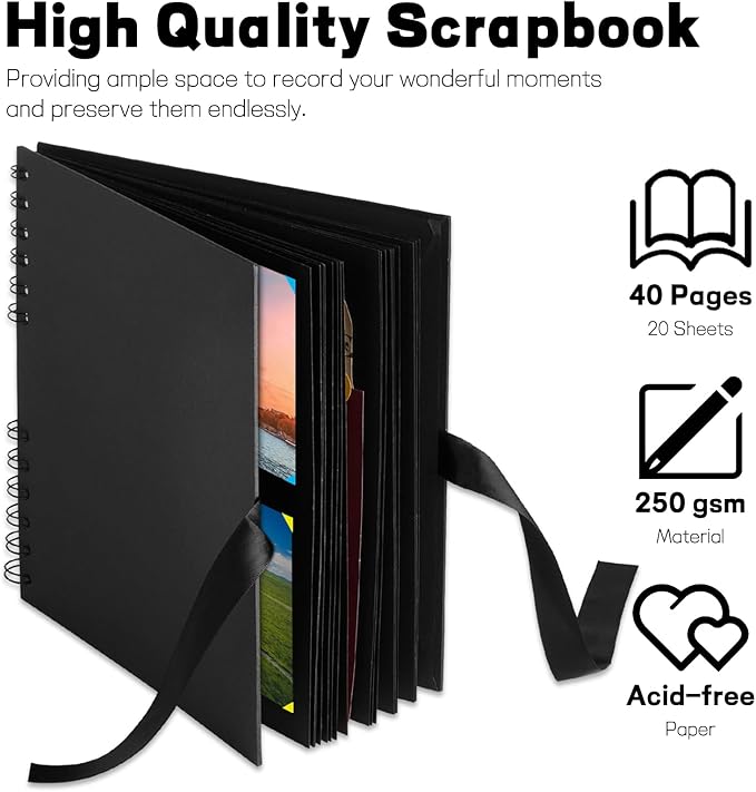8 x 8 Inch Small Black Scrapbook Album, 40 Pages Photo Album with Black Pages, Kraft Paper Hardcover Memory Book with DIY Accessories Kit for Mother's Day Wedding Travel