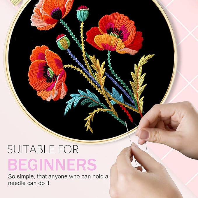 Huacan Embroidery Kit for Beginners, Flower Pre-Stamped Pattern Kits for Adults with Hoop, Easy to Follow Color Thread Needlework