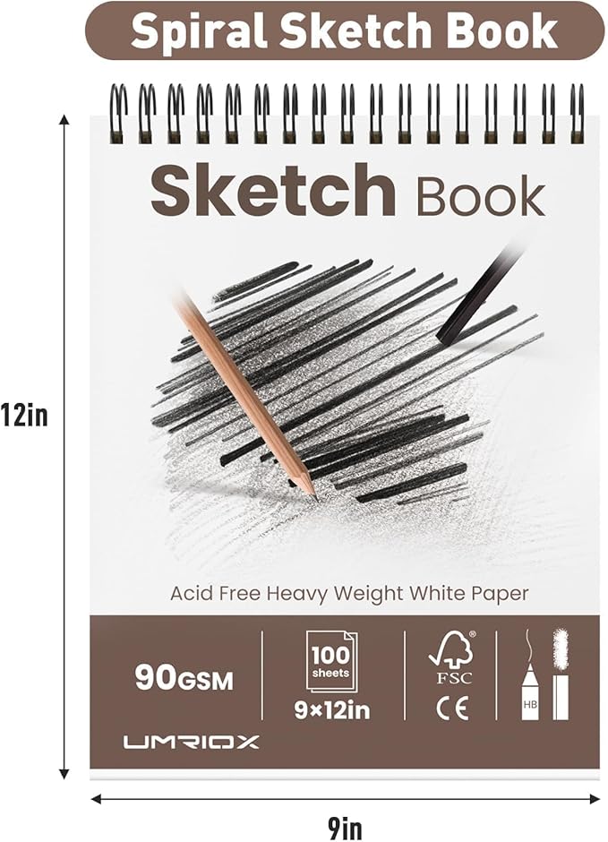 umriox 9" x 12" sketch book, 2-pack sketch pad (100 sheets each), top spiral bound sketchbook, acid-free drawing paper, art drawing pad for artists, students and designers