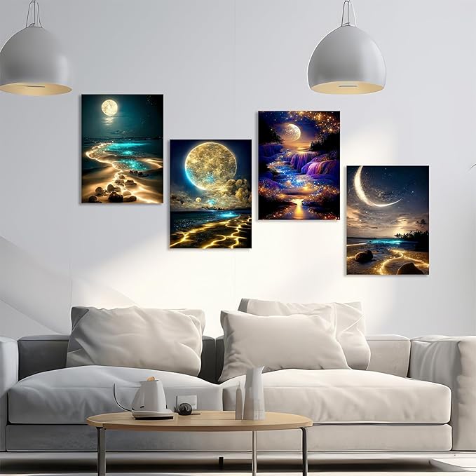 Muzagroo Art Moon Diamond Painting Kits for Adults 5D Diamond Art Kits for Beginners DIY Diamond Arts and Crafts for Living Room Diamond dots Kits Kids Room 4 PCS Wall Art(Moon)