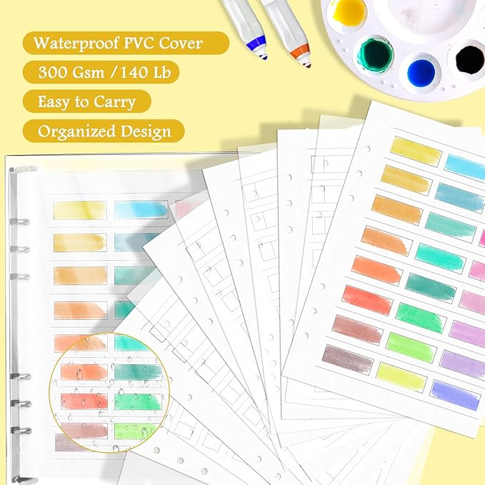 2 Pack Watercolor Swatch Book for Artists 140Lb 100% Cotton 15 Sheets Acid-Free Travel Size Painters Color Diary Spiral-Bound A5 Watercolor Journal Paper for Oil Pastels with Glassine PVC Cover