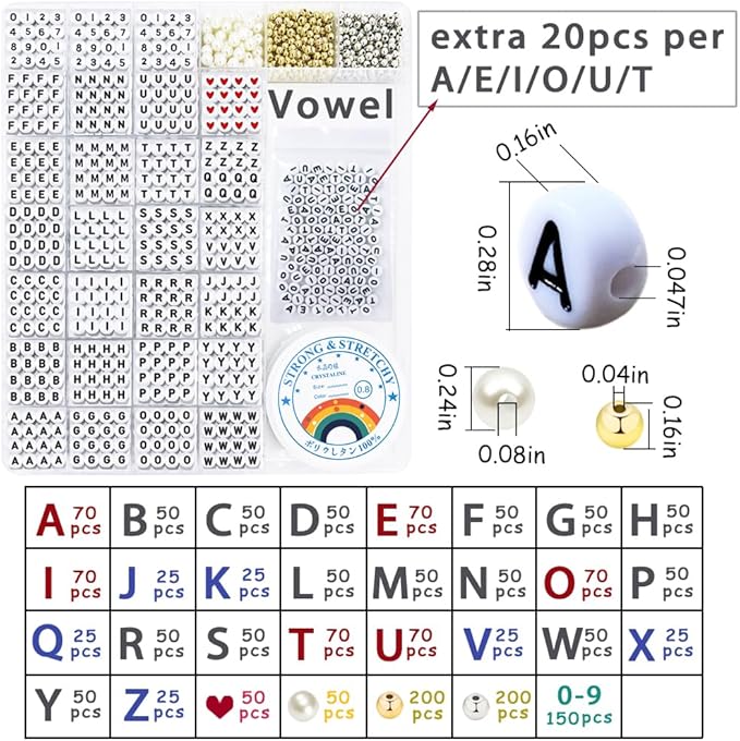 MIIIM 1920 Pcs Pony Beads Letters for Bracelets Making, Vowel-Rich Alphabet Kit with Minimized Rare Characters, 4x7mm Round Letter Beads, Numbers (White and Black)