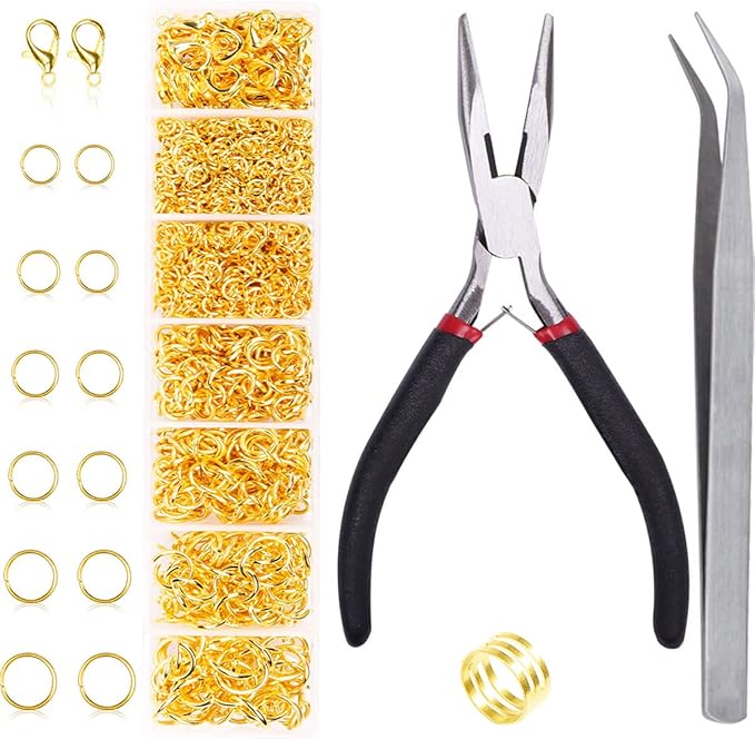 Jump Rings for Jewelry Making Kit, 1500 pcs Jewelry Repair Kit for Necklace Bracelet, Lobster Clasps and Closures Repair Supplies Kit with Pliers Tweezers-Gold