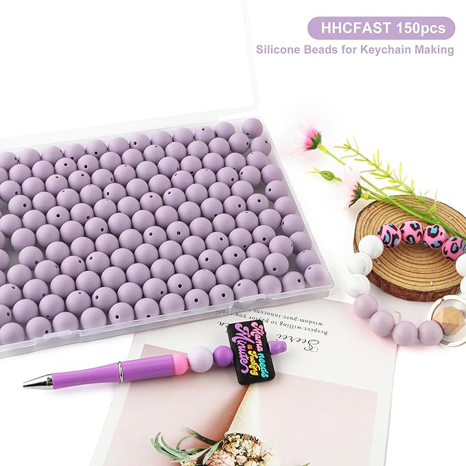 150Pcs 15mm Silicone Beads for Keychain Making Bracelet Necklace, Bulk Round Silicone Beads for Pens（Lilac）