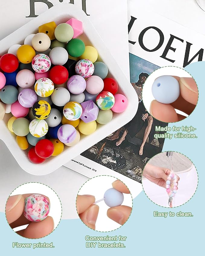 Skalamio 246Pcs Silicone Beads for Keychain Making Kit, 15mm Silicone Bead Bulk, Multiple Styles & Colorful Rubber Beads for Keychains Making DIY Necklace Bracelet Jewelry Crafts