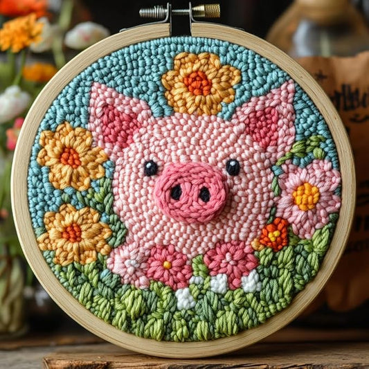 DIY Punch Needle Kits Cute Pig in Flowers Easy for Beginners Punch Needle Embroidery Set with Hoop Stamped Pattern for Craft Lovers and Home Decor-6