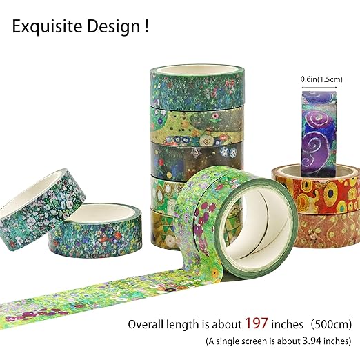Berkin Arts 12 Rolls Art Floral Designs Washi Tape Set - 15 mm Wide Decorative Adhesive Masking Tape Cloisonnism Colorful Flowers Gustav Klimt Series