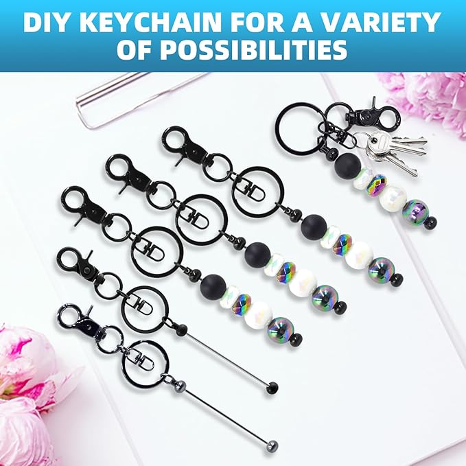 100 Pcs Beadable Keychains Bulk Kit – DIY Keychain Making Supplies with Metal Blanks for Crafts, Jewelry, Charms, Custom Projects – Blank Chain Bars for Beaded Keychain Design (Black)