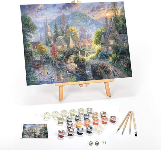Ledgebay DIY Paint by Numbers Kit for Adults Framed Canvas: Beginner to Advanced Paint by Numbers Kit, Kits Include Acrylic Paint Set Brushes & Tabletop Easel (Mountain Village 12"x16" Framed)