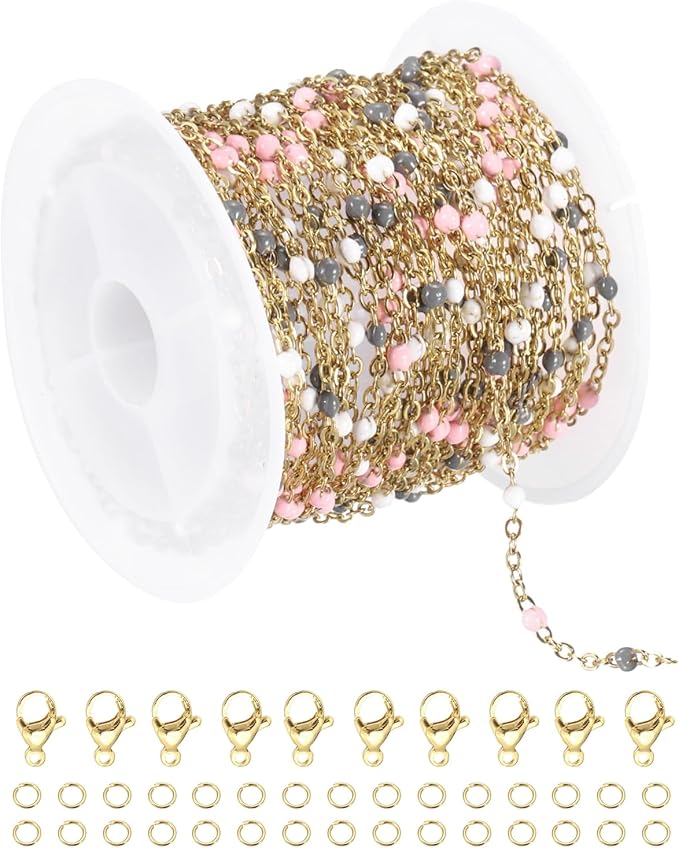 MECCANIXITY Stainless Steel Bead Chain, 16.4 Feet/5M Enamel Beaded Jewelry Link Cable Chains Spool Kit for Jewelry Making, Necklace, Bracelets, DIY Crafts (Gold/Grey White Pink, Pack of 1)