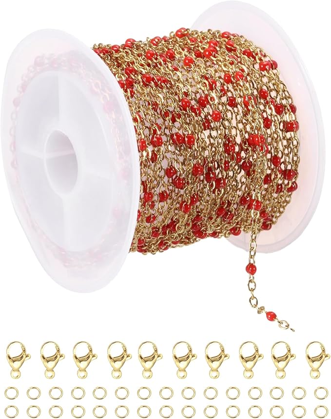 MECCANIXITY Stainless Steel Bead Chain, 16.4 Feet/5M Enamel Beaded Jewelry Link Cable Chains Spool Kit for Jewelry Making, Necklace, Bracelets, DIY Crafts (Gold/Red, Pack of 1)
