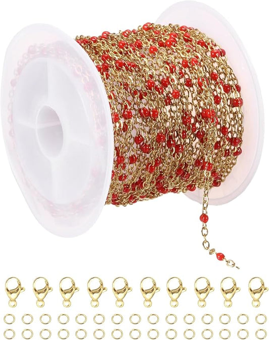 MECCANIXITY Stainless Steel Bead Chain, 16.4 Feet/5M Enamel Beaded Jewelry Link Cable Chains Spool Kit for Jewelry Making, Necklace, Bracelets, DIY Crafts (Gold/Red, Pack of 1)