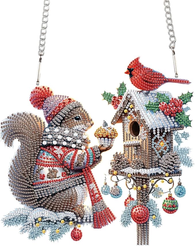 TDFERAN Diamond Painting Kits for Adults Wreath Bird 22x24cm DIY Diamond Art Kits for Beginners Diamond Painting Ornament Hanging Diamonds Painting Pendant Decorative Sign for Wall Christmas Squirrel