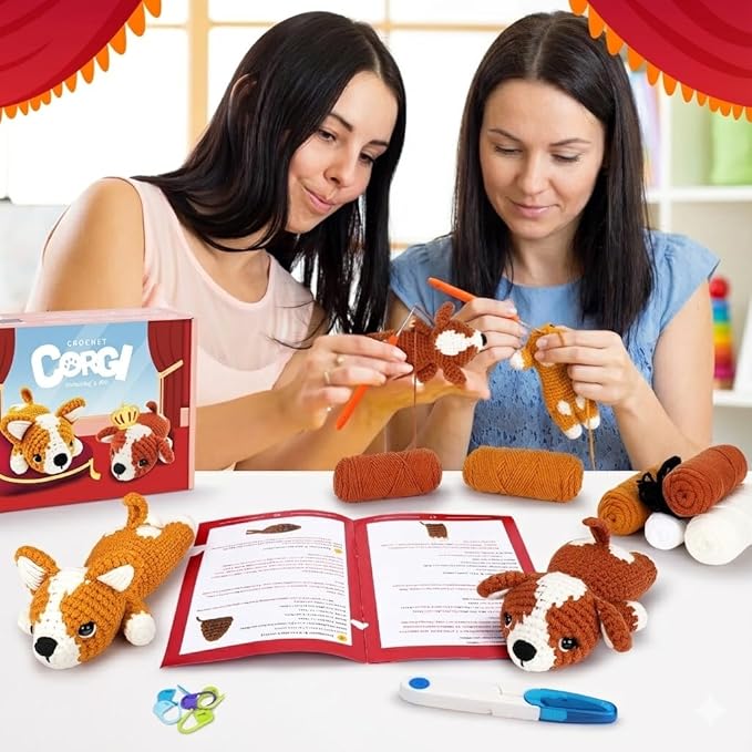 fortuning's jds crochet kit for beginners - 2 pcs corgi crochet kits with step-by-step video tutorials, beginner crochet kit for adults, crochet animal kit, dog knitting kit gifts valentine's day
