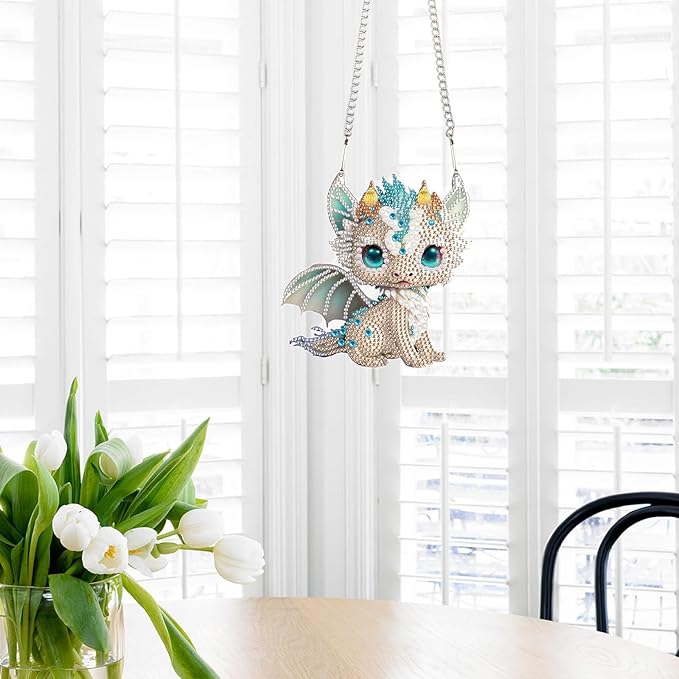 AiYuanzsh Diamond Painting Hanging Sign Set Diamond Art Hanging Wall Art Cute White Dragon DIY 5D Crystal Rhinestone Pendant Kits for Christmas Wall Door Window Decorations