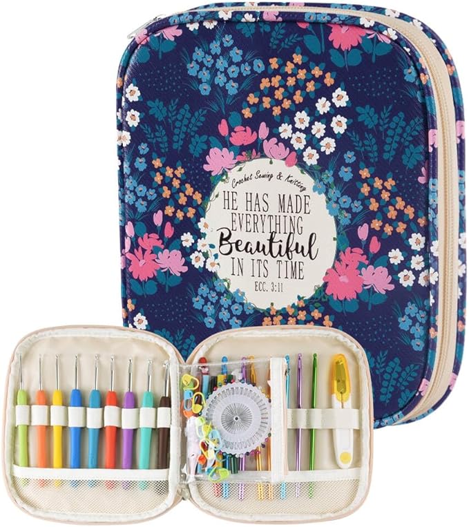 Crochet Hook Case,Portable Zipper Storage Organizer Bag for Crochet Hooks, Knitting Needles, Project & Sewing Supplies, Lightweight,Easy to Hold (No Accessories Included).Deep Blue Flowers