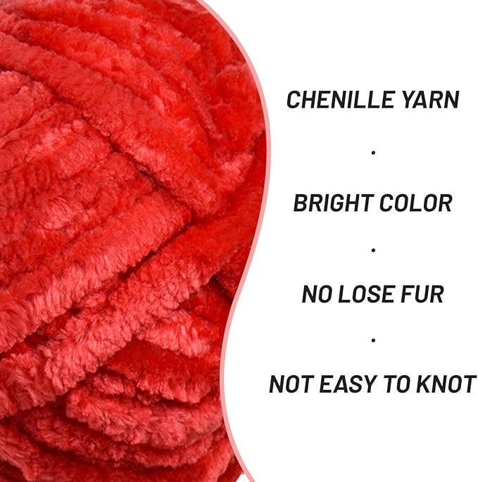 Fuzzy Chunky Chenille Yarn for Crocheting，Soft Plush Yarns for Hand Knitting，Bulky 3x100g（3x49.2 yd） Baby Blanket Yarn for Crocheting Amigurumi，Crochet Fluffy Velvet Yarns (Red)