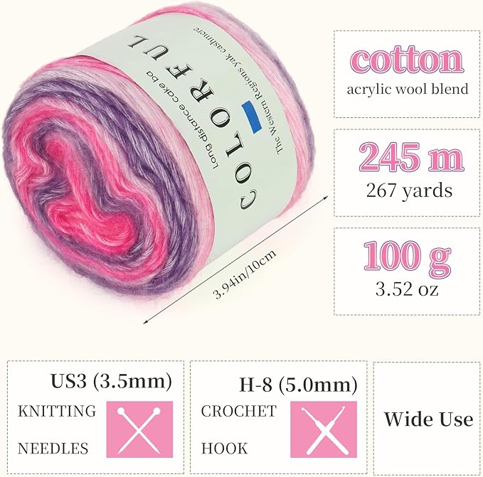 Aeelike Cake Yarn for Crocheting, 3 Skeins Gradient Yarn 100g (3.52 oz) 245m (267 Yards) # 3 Light Weight, Soft Ombré Yarns Fairyland Yarns Rainbow for Making Colorful Crafts, Lotus Purple Gradient