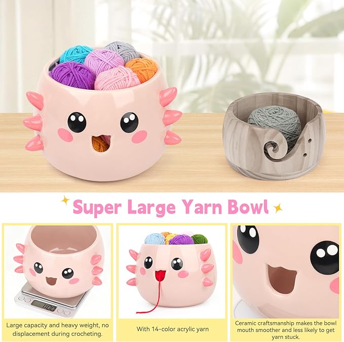 Coopay Axolotl Yarn Bowl for Crocheting/Knitting, Cute Bowl with 14 Pcs Yarn, Large Size Crochet Organizer for Beginners