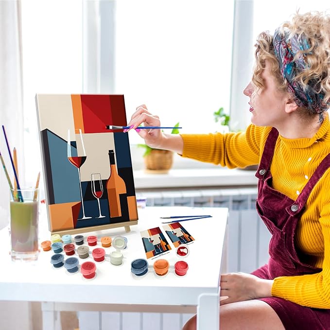 JOOZ Paint by Numbers Kit for Adults with Frame Wine Glass Paint by Number with Easel Adult Paint by Number Kits Framed Canvas Easy Oil Painting Kits for Home Wall Decor 8x12 Inch