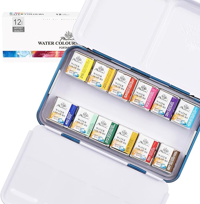 PHOENIX Artist Watercolor Paint Set - 12 Colors Half Pans Palette Quality Pigment Watercolor Travel Set Portable Tin Box for Adults, Professional Artists