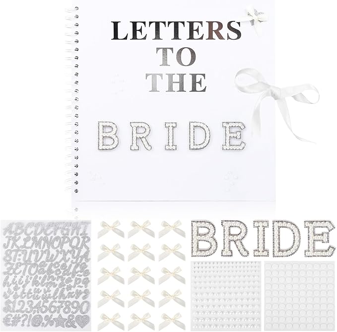 12 x 12 Inch Letters to The Bride Scrapbook Wedding Scrap Book Letters To The Bride Book Bridal DIY Blank Paper Scrapbook Photo Album with Pearl Stickers, Metallic Letters, Bows(White)