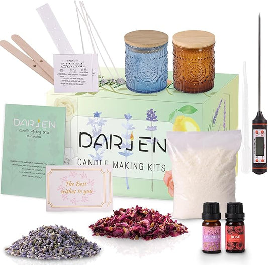 DARJEN Candle Making Kits for Adults- Soy Candle Making Supplies with 2 Candle Jars(Blue, Amber), Wax, Scents, Card & More, DIY Starter Candle Making Kit, Full Set DIY Arts & Crafts Gift
