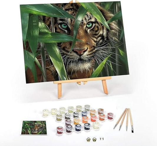 Ledgebay DIY Paint by Numbers Kit for Adults - Framed Canvas Beginner to Advanced Kit Includes Acrylic Paint Set, Brushes, Tabletop Easel (Bamboo Tiger 12" x 16" Framed)