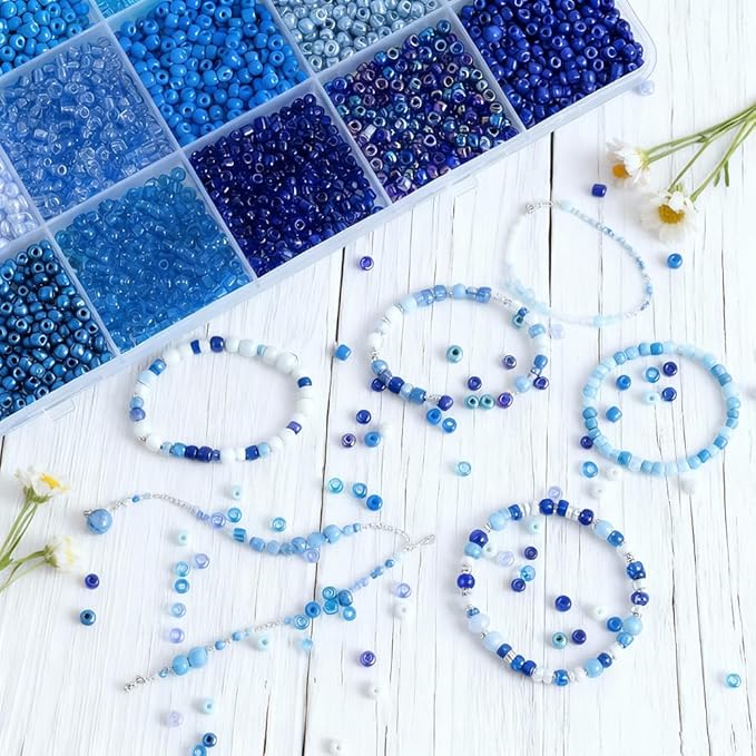 Blue Colors 3mm Seed Beads, 5200Pcs Glass Seed Beads Kit with Storage Box for DIY Necklace Bracelet Crafts