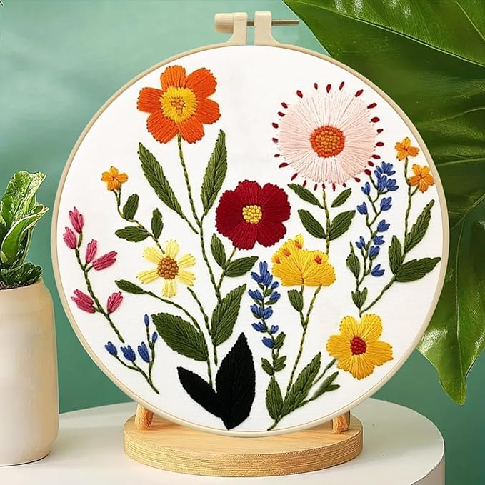 Zhenqing Floral Embroidery Kit for Beginners - Complete Set with Pre-Printed 29x29cm Cotton Fabric, Hoop, Threads & Tools (C0125)