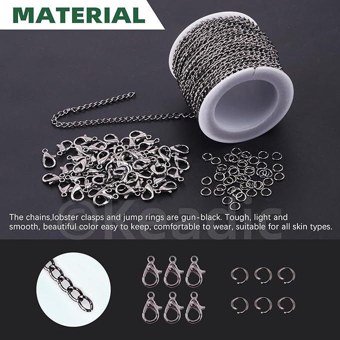 Keadic 102Pcs 30 Feet Jewelry Making Chains Kit W 3mm Metal Necklace Twisted Links Chain, Lobster Clasps, Open Jump Rings and Jewelry Pliers for Bracelet Earring Anklet DIY (Gun-Metal)