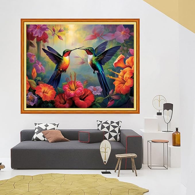 foxhool stamped cross stitch kits,11ct printed cross stitch pattern full embroidery kits for beginner needlepoint kits-hummingbirds collect honey 16x20 inch