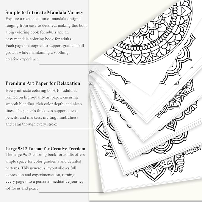 Mandala Coloring Book for Adults Hardcover: 50 Unique Designs Spiral Coloring Book for Adults with Perforated Pages. (Mandala Designs, 9 x 12 inches, 50 Sheets), Valentines Day Gifts.