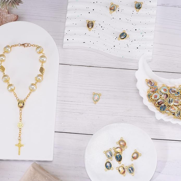 60Pcs/30Sets Rosary Making Kits Supplies Alloy Religion Cross and Center Medal Charms Pendant Oval Chandelier Links for Diy Prayer Necklace Jewelry