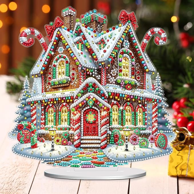 LAKEQUILL DIY Tabletop Diamond Art Painting Kit,Special Shaped Rhinestone Desk Placement Ornament,Kits for Home Office Decor New Year Gift (Christmas House)