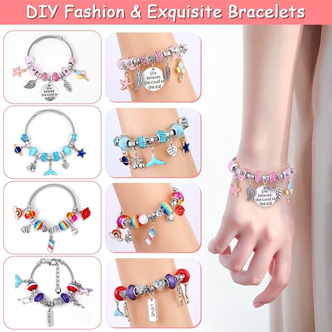 180 Pcs Charm Bracelet Making Kit for Girls, Unicorn Mermaid Crafts Gifts Set Charm Bracelets Kit DIY Arts & Crafts Making Supplies with Beads, Pendant, Bracelets, Necklace Cords Gift for Teens Girls