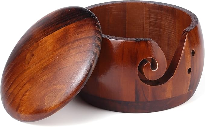 wooden yarn bowl knitting yarn bowl wooden yarn bowl with lid for yarn skeins round wooden bowl with carved holes crochet hook rests (brown)
