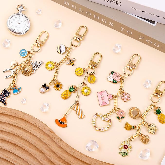 wurosi 52 set lip gloss keychain making kit, gold keychain clips hooks with extender chain, gift bags, thank you cards, 5m hemp rope, for diy key chain making crafts