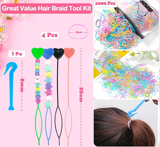 Wavlakth 1460 Pcs Hair Braid Bead Kit, Acrylic Heart Star Pony Bead Mouse Head Pastel Beads with Elastic Bands Salon-Grade Braiding & Jewelry Making Supplies for Professional Stylists & DIY Crafters